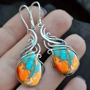 Elegant Silver and Turquoise-Orange Earrings